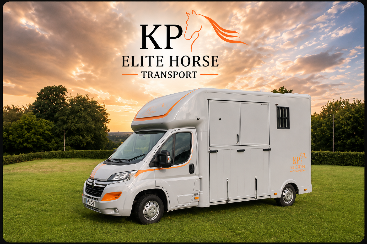 KP Elite Horse Transport branded horsebox parked in a field at sunset